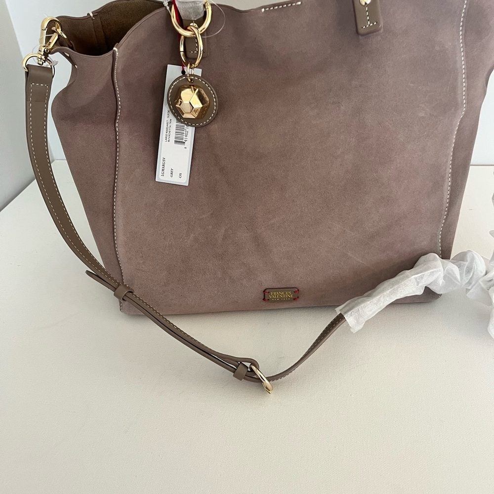 Frances Valentine Large Margaret Grey Suede Bag with Vachetta Leather Trim